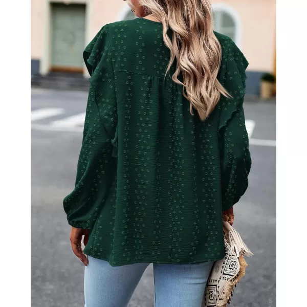 BTFBM Long Sleeve Blouses for Women Dressy Casual Crew Neck Ruffle Crochet Loose Tunic Shirts Swiss Dot Fall Tops 2024Solid Dark Green
