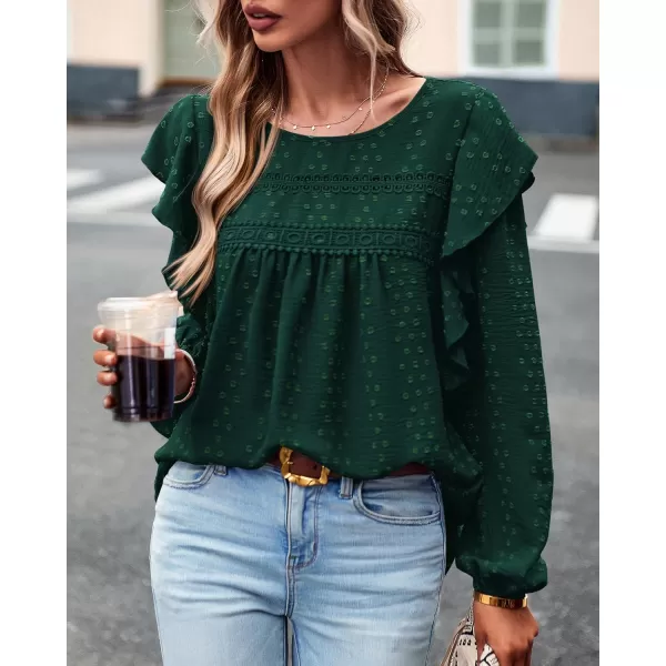 BTFBM Long Sleeve Blouses for Women Dressy Casual Crew Neck Ruffle Crochet Loose Tunic Shirts Swiss Dot Fall Tops 2024Solid Dark Green