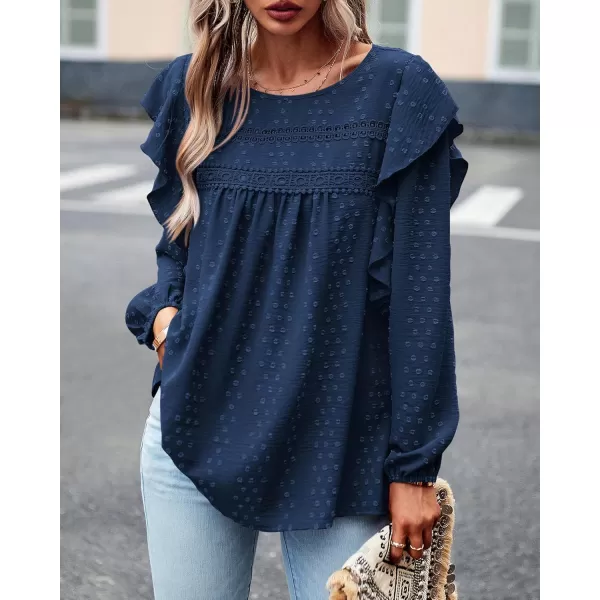 BTFBM Long Sleeve Blouses for Women Dressy Casual Crew Neck Ruffle Crochet Loose Tunic Shirts Swiss Dot Fall Tops 2024Solid Navy