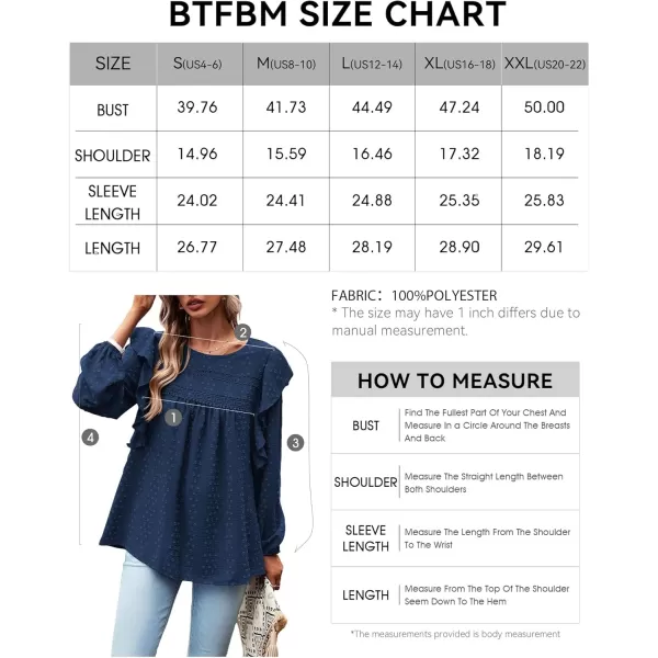 BTFBM Long Sleeve Blouses for Women Dressy Casual Crew Neck Ruffle Crochet Loose Tunic Shirts Swiss Dot Fall Tops 2024Solid Navy