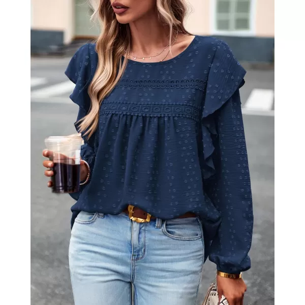 BTFBM Long Sleeve Blouses for Women Dressy Casual Crew Neck Ruffle Crochet Loose Tunic Shirts Swiss Dot Fall Tops 2024Solid Navy