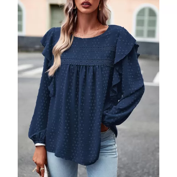 BTFBM Long Sleeve Blouses for Women Dressy Casual Crew Neck Ruffle Crochet Loose Tunic Shirts Swiss Dot Fall Tops 2024Solid Navy