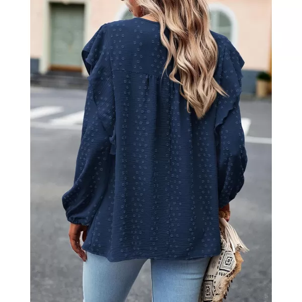 BTFBM Long Sleeve Blouses for Women Dressy Casual Crew Neck Ruffle Crochet Loose Tunic Shirts Swiss Dot Fall Tops 2024Solid Navy
