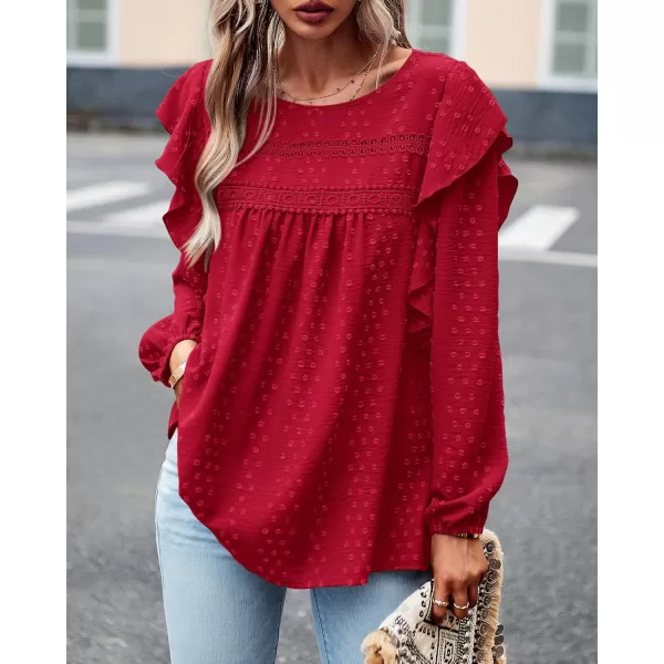BTFBM Long Sleeve Blouses for Women Dressy Casual Crew Neck Ruffle Crochet Loose Tunic Shirts Swiss Dot Fall Tops 2024Solid Red