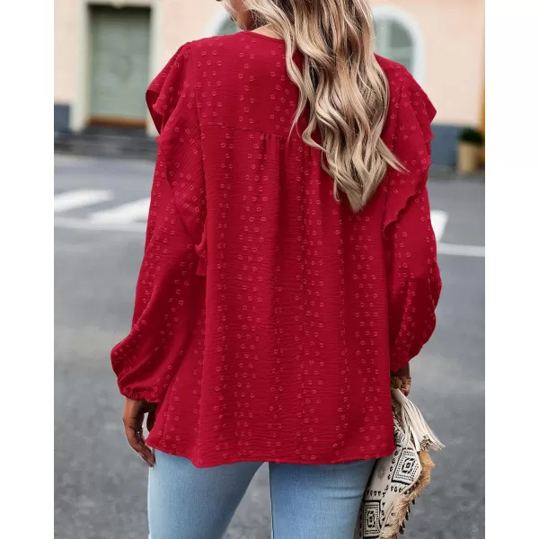 BTFBM Long Sleeve Blouses for Women Dressy Casual Crew Neck Ruffle Crochet Loose Tunic Shirts Swiss Dot Fall Tops 2024Solid Red