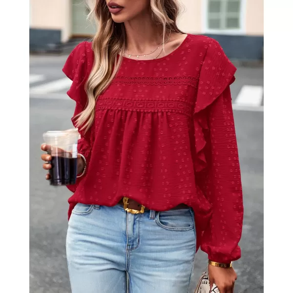 BTFBM Long Sleeve Blouses for Women Dressy Casual Crew Neck Ruffle Crochet Loose Tunic Shirts Swiss Dot Fall Tops 2024Solid Red