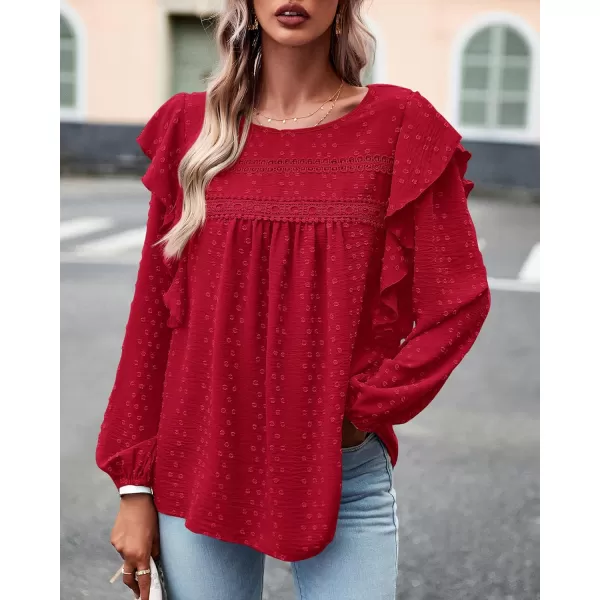 BTFBM Long Sleeve Blouses for Women Dressy Casual Crew Neck Ruffle Crochet Loose Tunic Shirts Swiss Dot Fall Tops 2024Solid Red