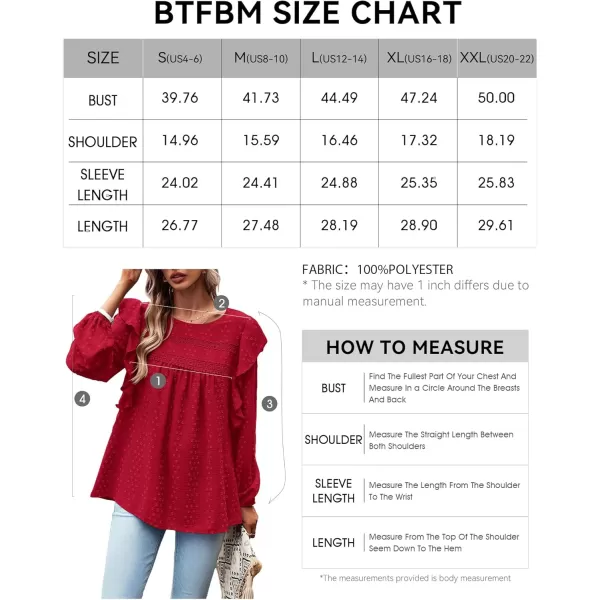 BTFBM Long Sleeve Blouses for Women Dressy Casual Crew Neck Ruffle Crochet Loose Tunic Shirts Swiss Dot Fall Tops 2024Solid Red