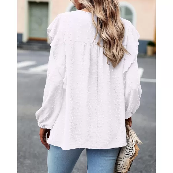 BTFBM Long Sleeve Blouses for Women Dressy Casual Crew Neck Ruffle Crochet Loose Tunic Shirts Swiss Dot Fall Tops 2024Solid White