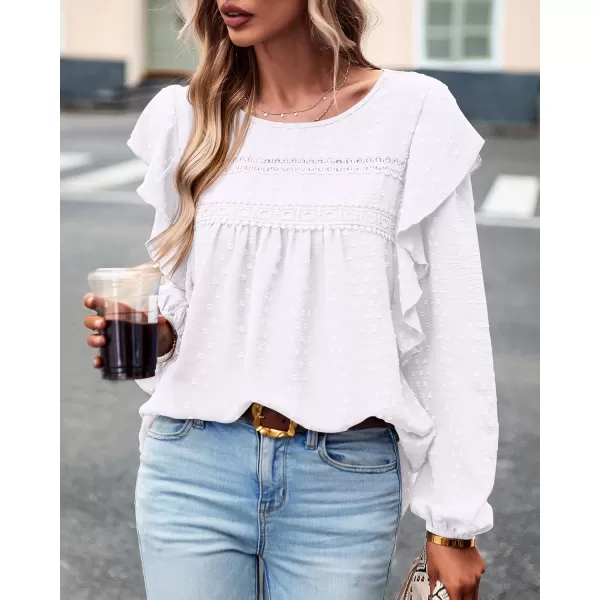 BTFBM Long Sleeve Blouses for Women Dressy Casual Crew Neck Ruffle Crochet Loose Tunic Shirts Swiss Dot Fall Tops 2024Solid White