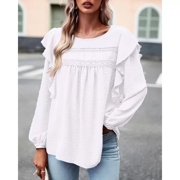 BTFBM Long Sleeve Blouses for Women Dressy Casual Crew Neck Ruffle Crochet Loose Tunic Shirts Swiss Dot Fall Tops 2024Solid White