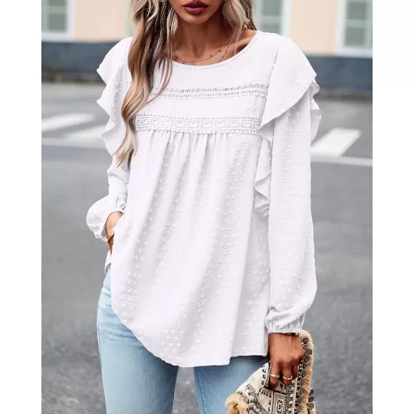 BTFBM Long Sleeve Blouses for Women Dressy Casual Crew Neck Ruffle Crochet Loose Tunic Shirts Swiss Dot Fall Tops 2024Solid White