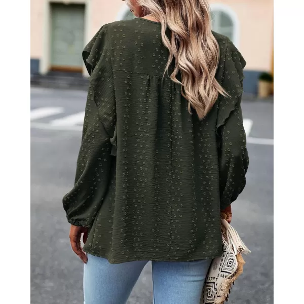 BTFBM Long Sleeve Blouses for Women Dressy Casual Crew Neck Ruffle Crochet Loose Tunic Shirts Swiss Dot Fall Tops 2024Swiss Dot Army Green