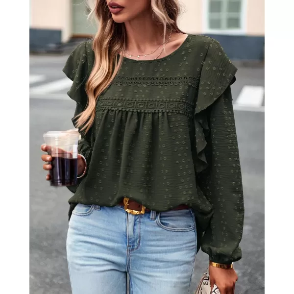 BTFBM Long Sleeve Blouses for Women Dressy Casual Crew Neck Ruffle Crochet Loose Tunic Shirts Swiss Dot Fall Tops 2024Swiss Dot Army Green