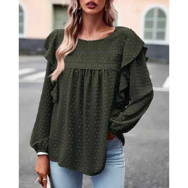 BTFBM Long Sleeve Blouses for Women Dressy Casual Crew Neck Ruffle Crochet Loose Tunic Shirts Swiss Dot Fall Tops 2024Swiss Dot Army Green