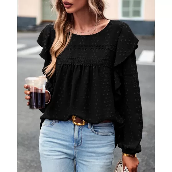 BTFBM Long Sleeve Blouses for Women Dressy Casual Crew Neck Ruffle Crochet Loose Tunic Shirts Swiss Dot Fall Tops 2024Swiss Dot Black
