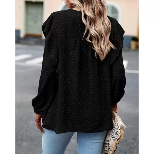 BTFBM Long Sleeve Blouses for Women Dressy Casual Crew Neck Ruffle Crochet Loose Tunic Shirts Swiss Dot Fall Tops 2024Swiss Dot Black