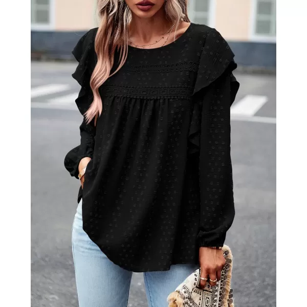 BTFBM Long Sleeve Blouses for Women Dressy Casual Crew Neck Ruffle Crochet Loose Tunic Shirts Swiss Dot Fall Tops 2024Swiss Dot Black
