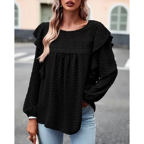 BTFBM Long Sleeve Blouses for Women Dressy Casual Crew Neck Ruffle Crochet Loose Tunic Shirts Swiss Dot Fall Tops 2024Swiss Dot Black