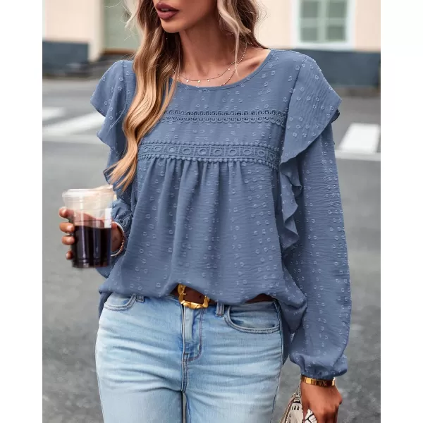 BTFBM Long Sleeve Blouses for Women Dressy Casual Crew Neck Ruffle Crochet Loose Tunic Shirts Swiss Dot Fall Tops 2024Swiss Dot Blue