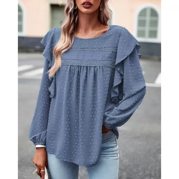 BTFBM Long Sleeve Blouses for Women Dressy Casual Crew Neck Ruffle Crochet Loose Tunic Shirts Swiss Dot Fall Tops 2024Swiss Dot Blue