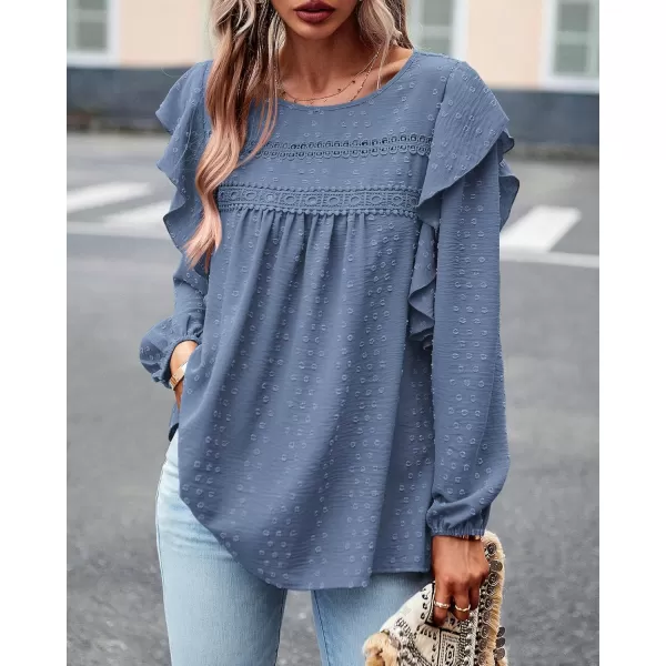 BTFBM Long Sleeve Blouses for Women Dressy Casual Crew Neck Ruffle Crochet Loose Tunic Shirts Swiss Dot Fall Tops 2024Swiss Dot Blue