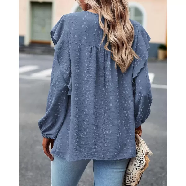 BTFBM Long Sleeve Blouses for Women Dressy Casual Crew Neck Ruffle Crochet Loose Tunic Shirts Swiss Dot Fall Tops 2024Swiss Dot Blue