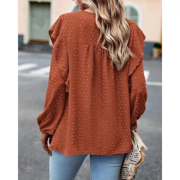 BTFBM Long Sleeve Blouses for Women Dressy Casual Crew Neck Ruffle Crochet Loose Tunic Shirts Swiss Dot Fall Tops 2024Swiss Dot Brick Red