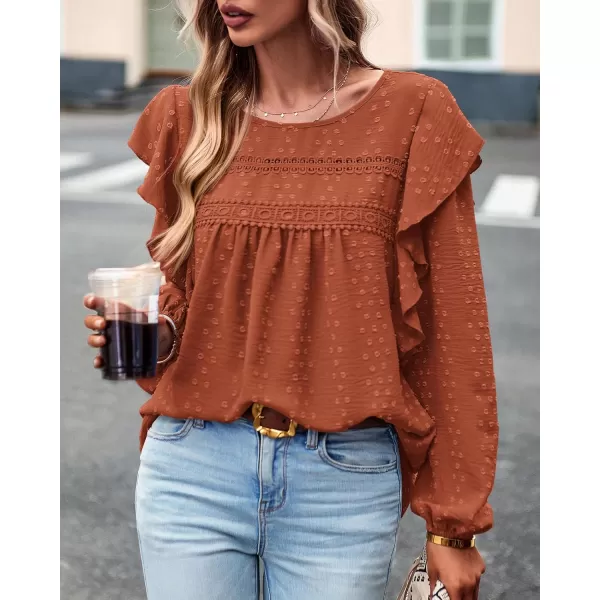 BTFBM Long Sleeve Blouses for Women Dressy Casual Crew Neck Ruffle Crochet Loose Tunic Shirts Swiss Dot Fall Tops 2024Swiss Dot Brick Red