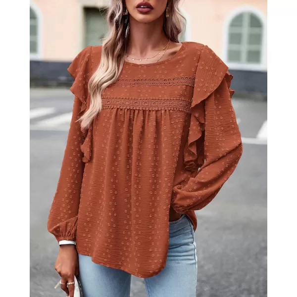 BTFBM Long Sleeve Blouses for Women Dressy Casual Crew Neck Ruffle Crochet Loose Tunic Shirts Swiss Dot Fall Tops 2024Swiss Dot Brick Red