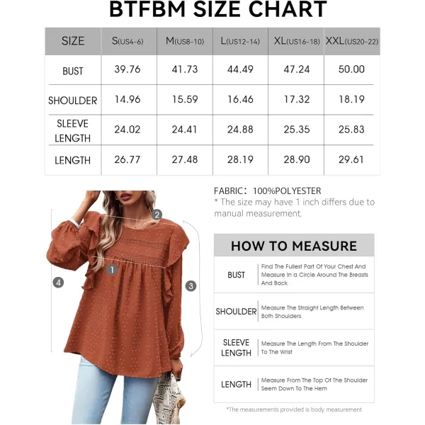 BTFBM Long Sleeve Blouses for Women Dressy Casual Crew Neck Ruffle Crochet Loose Tunic Shirts Swiss Dot Fall Tops 2024Swiss Dot Brick Red