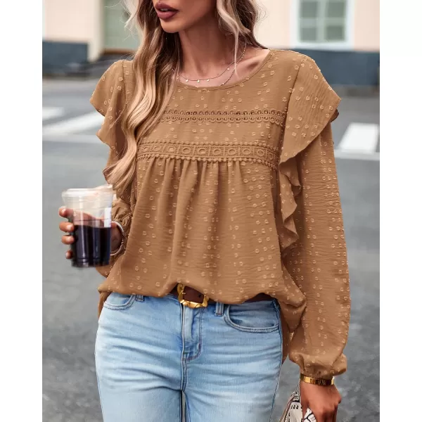 BTFBM Long Sleeve Blouses for Women Dressy Casual Crew Neck Ruffle Crochet Loose Tunic Shirts Swiss Dot Fall Tops 2024Swiss Dot Brown