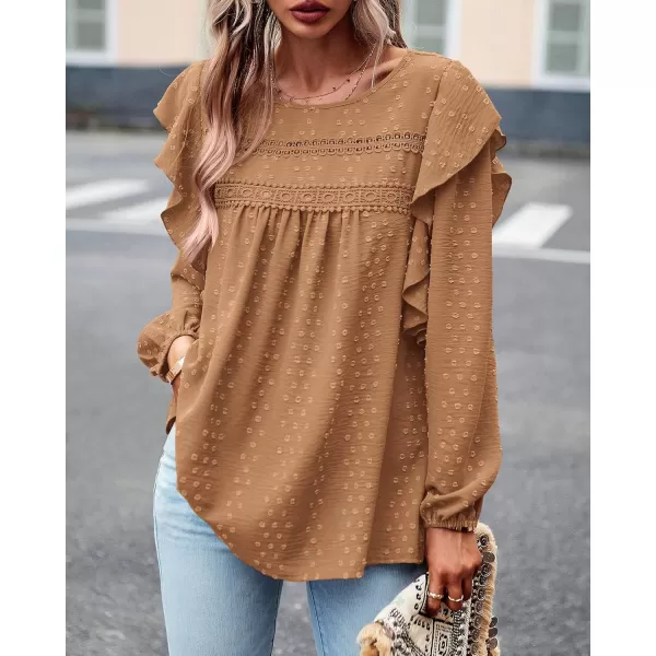 BTFBM Long Sleeve Blouses for Women Dressy Casual Crew Neck Ruffle Crochet Loose Tunic Shirts Swiss Dot Fall Tops 2024Swiss Dot Brown