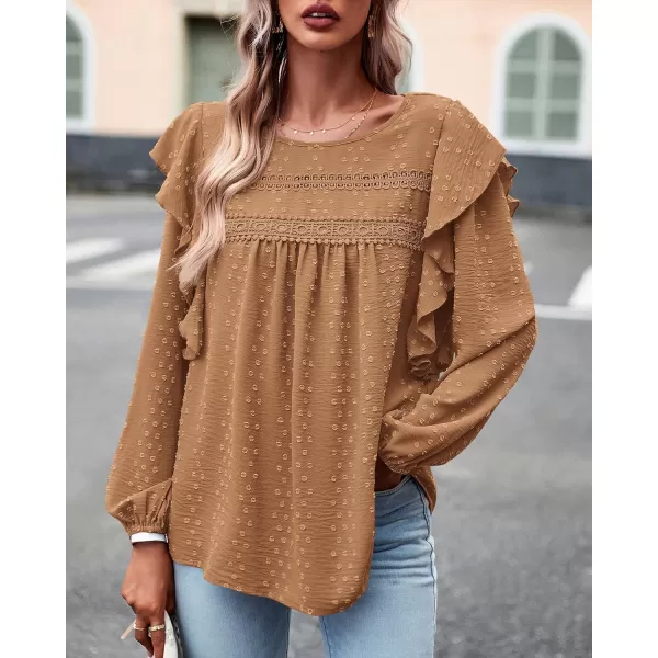 BTFBM Long Sleeve Blouses for Women Dressy Casual Crew Neck Ruffle Crochet Loose Tunic Shirts Swiss Dot Fall Tops 2024Swiss Dot Brown