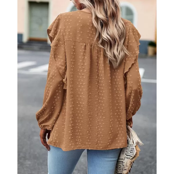 BTFBM Long Sleeve Blouses for Women Dressy Casual Crew Neck Ruffle Crochet Loose Tunic Shirts Swiss Dot Fall Tops 2024Swiss Dot Brown