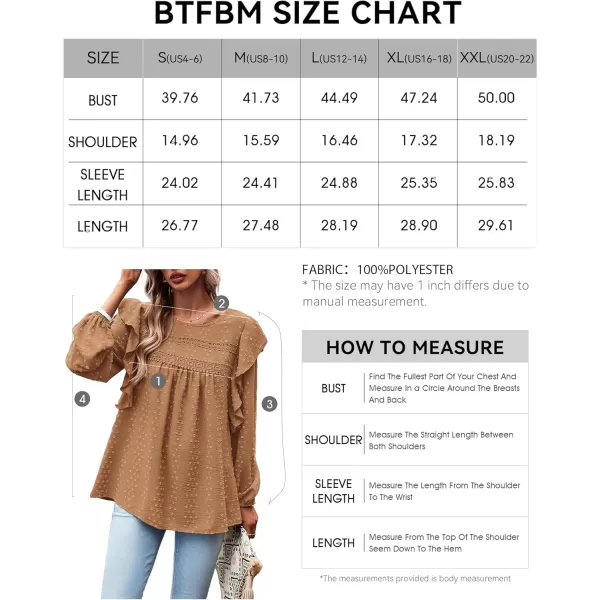 BTFBM Long Sleeve Blouses for Women Dressy Casual Crew Neck Ruffle Crochet Loose Tunic Shirts Swiss Dot Fall Tops 2024Swiss Dot Brown