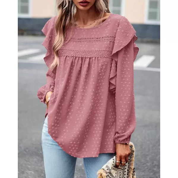 BTFBM Long Sleeve Blouses for Women Dressy Casual Crew Neck Ruffle Crochet Loose Tunic Shirts Swiss Dot Fall Tops 2024Swiss Dot Pink