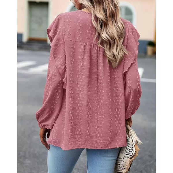 BTFBM Long Sleeve Blouses for Women Dressy Casual Crew Neck Ruffle Crochet Loose Tunic Shirts Swiss Dot Fall Tops 2024Swiss Dot Pink
