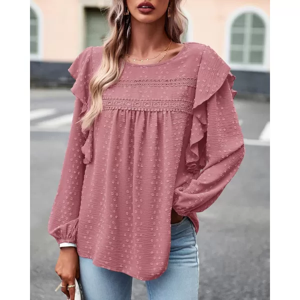 BTFBM Long Sleeve Blouses for Women Dressy Casual Crew Neck Ruffle Crochet Loose Tunic Shirts Swiss Dot Fall Tops 2024Swiss Dot Pink