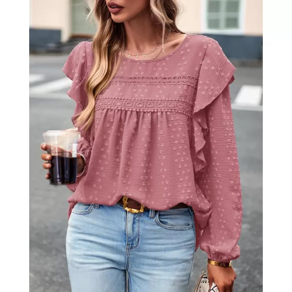 BTFBM Long Sleeve Blouses for Women Dressy Casual Crew Neck Ruffle Crochet Loose Tunic Shirts Swiss Dot Fall Tops 2024Swiss Dot Pink