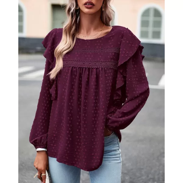 BTFBM Long Sleeve Blouses for Women Dressy Casual Crew Neck Ruffle Crochet Loose Tunic Shirts Swiss Dot Fall Tops 2024Swiss Dot Wine Red