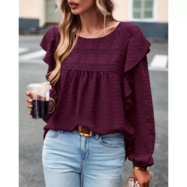 BTFBM Long Sleeve Blouses for Women Dressy Casual Crew Neck Ruffle Crochet Loose Tunic Shirts Swiss Dot Fall Tops 2024Swiss Dot Wine Red