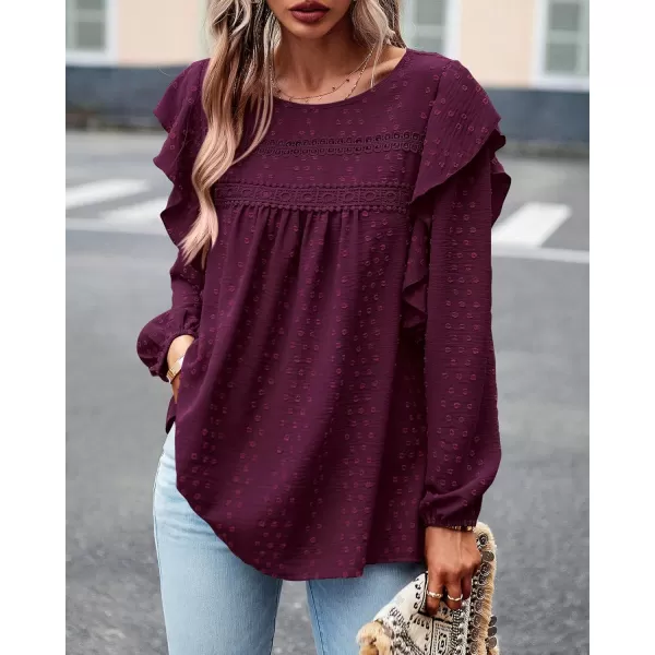 BTFBM Long Sleeve Blouses for Women Dressy Casual Crew Neck Ruffle Crochet Loose Tunic Shirts Swiss Dot Fall Tops 2024Swiss Dot Wine Red