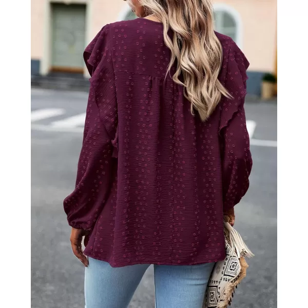 BTFBM Long Sleeve Blouses for Women Dressy Casual Crew Neck Ruffle Crochet Loose Tunic Shirts Swiss Dot Fall Tops 2024Swiss Dot Wine Red