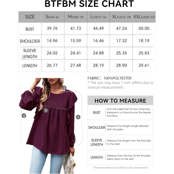 BTFBM Long Sleeve Blouses for Women Dressy Casual Crew Neck Ruffle Crochet Loose Tunic Shirts Swiss Dot Fall Tops 2024Swiss Dot Wine Red