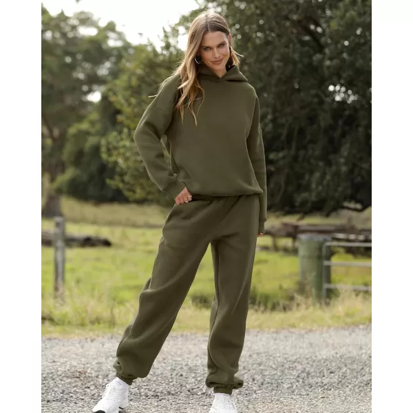 BTFBM Women 2 Piece Sweatsuits Long Sleeve Hooded Pullover Jogger Pants Fall Winter Casual Loose Lounge Sets TracksuitSolid Army Green
