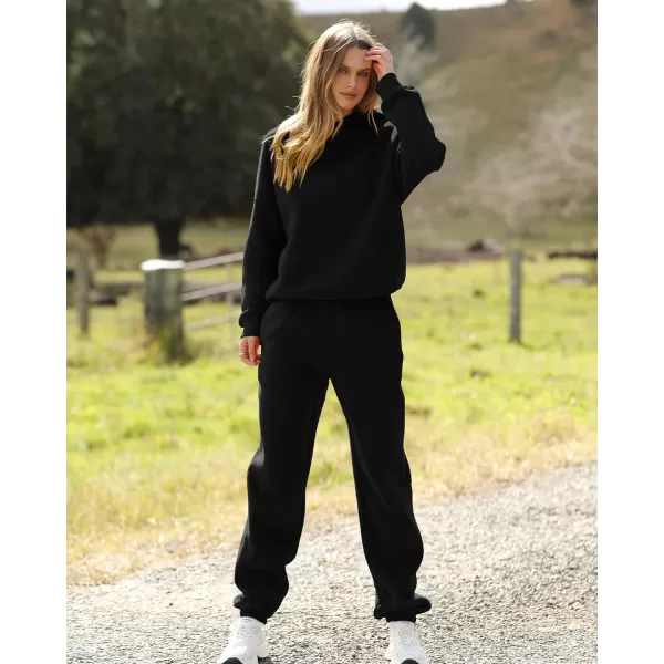 BTFBM Women 2 Piece Sweatsuits Long Sleeve Hooded Pullover Jogger Pants Fall Winter Casual Loose Lounge Sets TracksuitSolid Black
