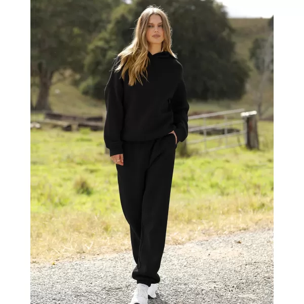 BTFBM Women 2 Piece Sweatsuits Long Sleeve Hooded Pullover Jogger Pants Fall Winter Casual Loose Lounge Sets TracksuitSolid Black
