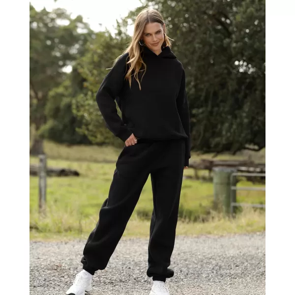 BTFBM Women 2 Piece Sweatsuits Long Sleeve Hooded Pullover Jogger Pants Fall Winter Casual Loose Lounge Sets TracksuitSolid Black