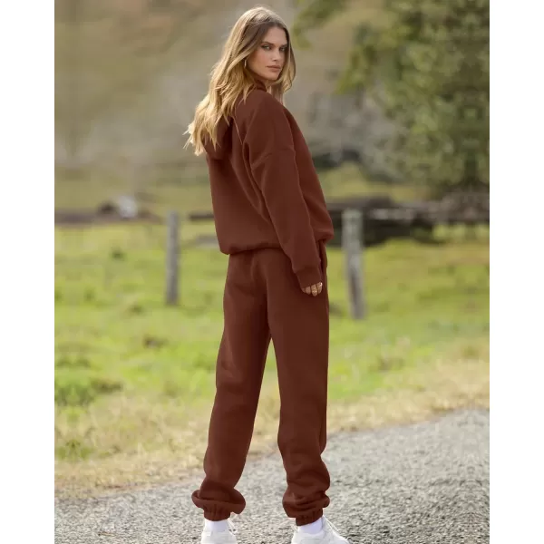 BTFBM Women 2 Piece Sweatsuits Long Sleeve Hooded Pullover Jogger Pants Fall Winter Casual Loose Lounge Sets TracksuitSolid Brown